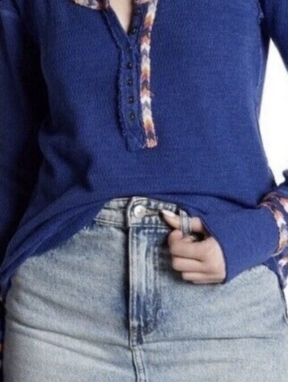 We The Free People Thermal Rainbow Blue Henley Top Embroidered Sz S Oversized